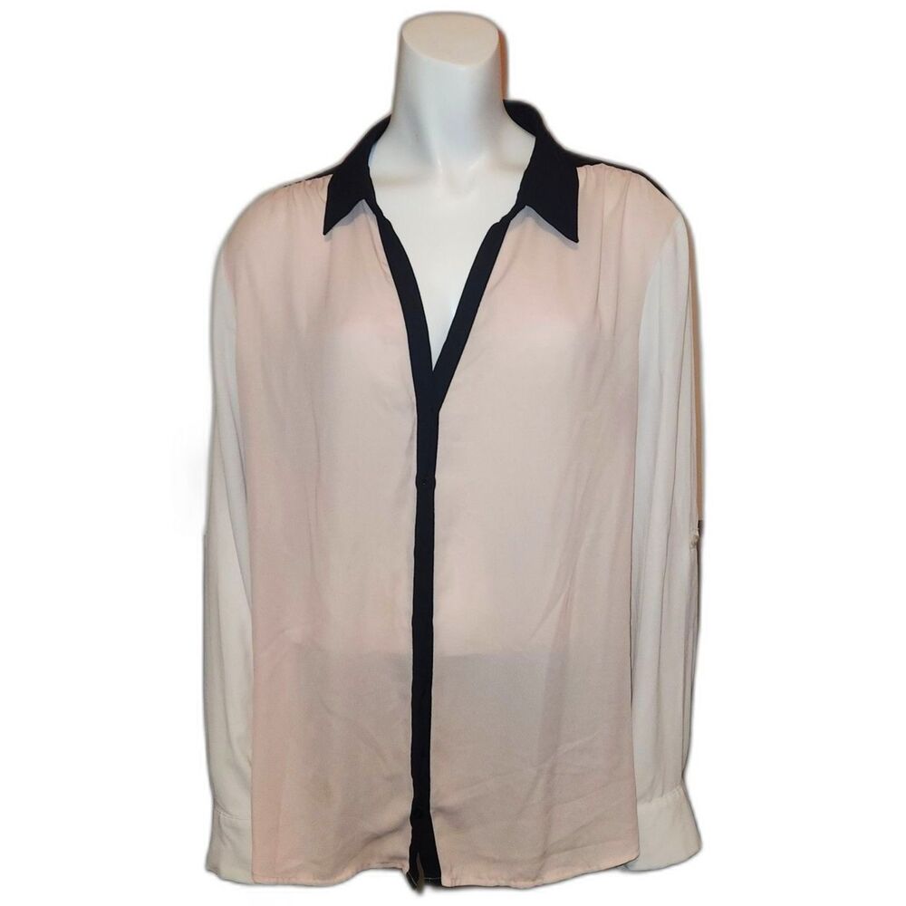 Metaphor Cream and Black Semi Sheer Button Front Blouse Womens Size XL